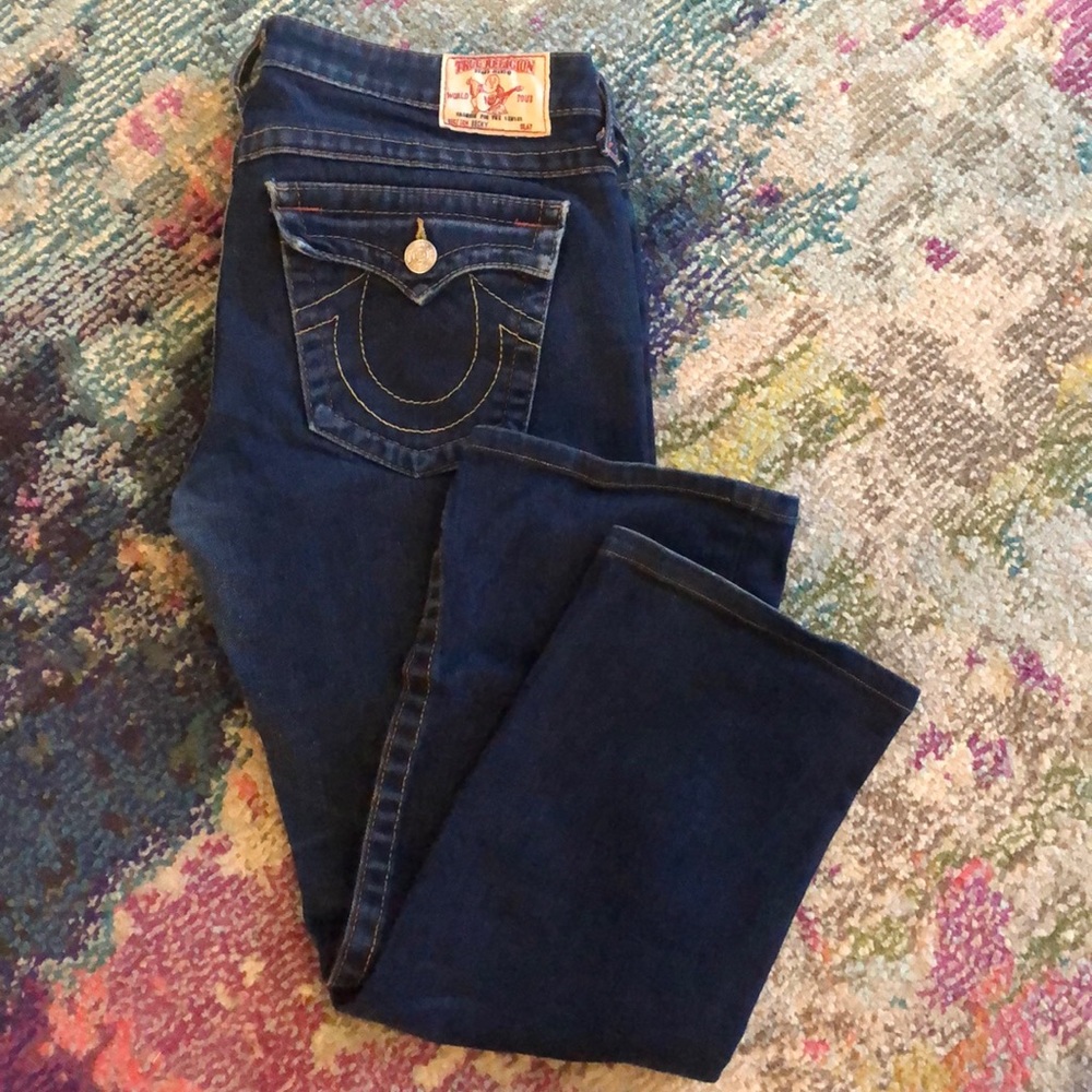 True Religion dark rinse Low Rise ankle boot cut.